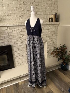 Suzanne Betro Navy Blue & White Geometric Boho Maxi Dress Size Medium